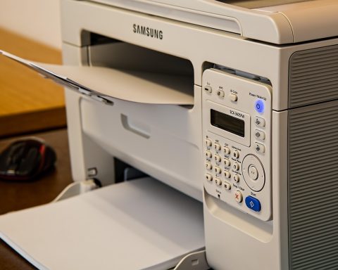Laserprinter op een bureau in een thuiskantoor