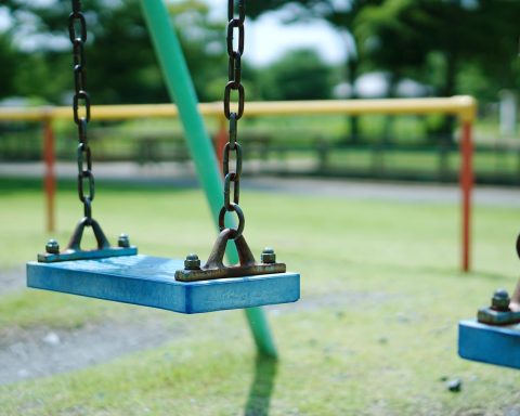 Houten speeltoestel in een Belgische tuin klaar voor najaarsonderhoud